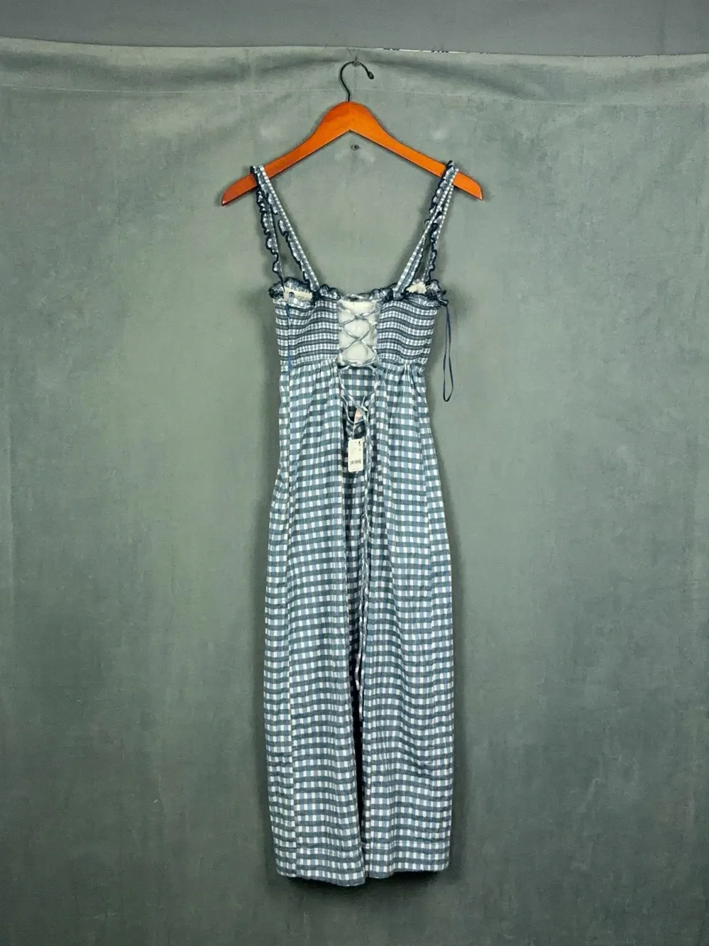 Free People Lucinda Gingham Midi Dress Size Large Blue Check Cottage Coastal NWT - Picture 7 of 14